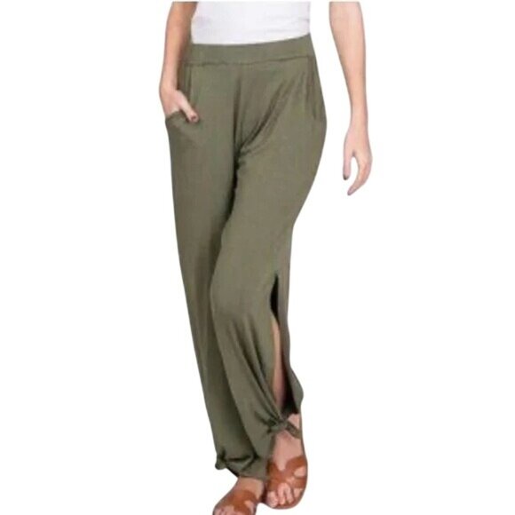 7th Ray Pants Plus Size 3XL Pull On Elastic Waist Side Slit Wide Leg Olive Green - Picture 1 of 8